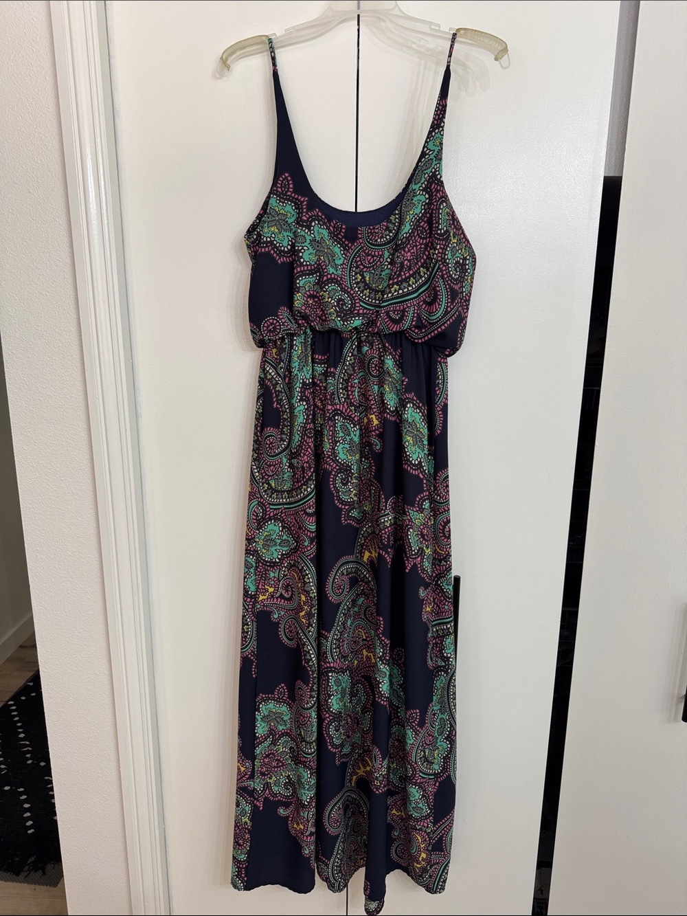 Blue Rain Navy Paisley Maxi Dress with Teal and Pink Accents